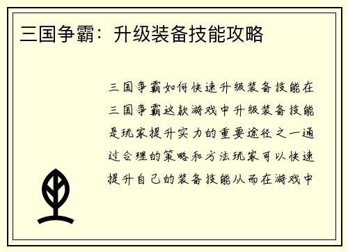 三国争霸：升级装备技能攻略
